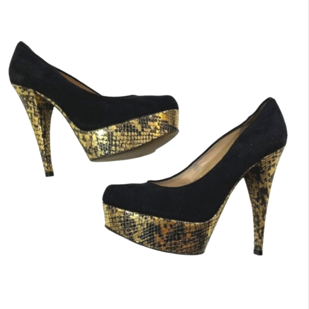 Enzo Angiolini Black Suede Metallic Snake Platform Heels 7